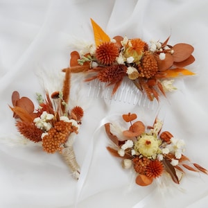 Burnt orange themed wedding dried flower decoration, Bohemian wedding boutonniere&corsage, bridal hair comb