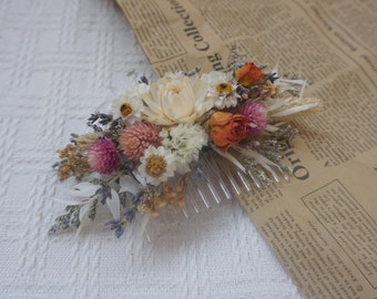 Rose red, Peach + Blush ，Cream Strawflower Dried Flower Hair Comb