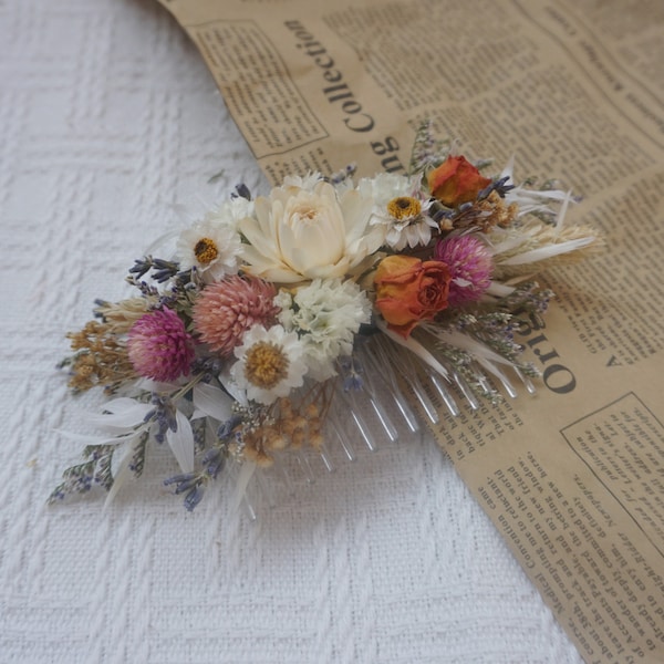 Rose red, Peach + Blush ，Cream Strawflower Dried Flower Hair Comb