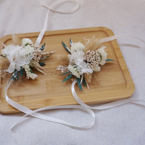 Pampas Grass Cream Bohemian Wrist Bra/Eucalyptus Leaf corsage/Country Dry Flower Paired Bra/Dry Flower Rabbit Tail Wedding Decoration