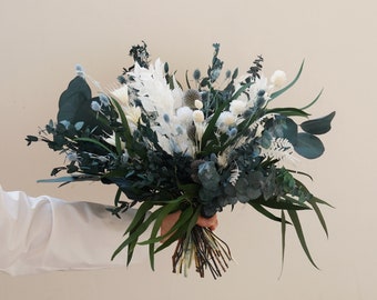Green forest themed wedding dry bouquet, white green mixed bridal bouquet, eucalyptus leaf natural thistle blue dry bouquet