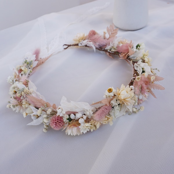 Couronne de fleurs séchées rose + blush + crème, couronne photo fille, couronne de mariée bohème, couronne de mariage