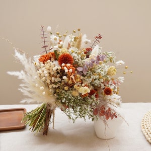 Burnt Orange Theme Dry Flower Bridal Bouquet, Orange Thistle+Eucalyptus Leaves Mixed Wild Flower Wedding Bouquet Bohemian Pampas Dry Flowers