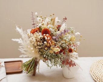 Burnt Orange Theme Dry Flower Bridal Bouquet, Orange Thistle+Eucalyptus Leaves Mixed Wild Flower Wedding Bouquet Bohemian Pampas Dry Flowers