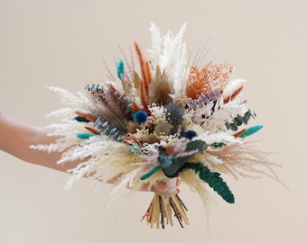 Bohemian pampas wedding bouquet, turquoise+burnt orange+blue mixed bridal bouquet, blue thistle eucalyptus leaf bridal bouquet&boutonniere