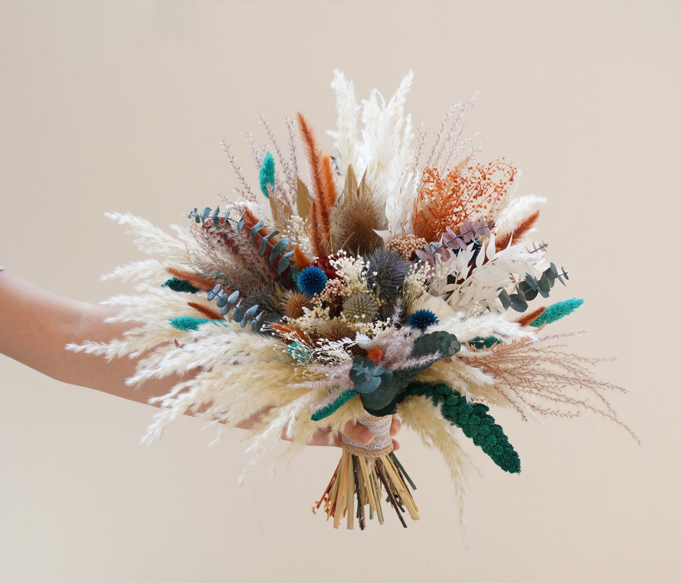 Bohemian pampas wedding bouquet, turquoise+burnt orange+blue mixed bridal bouquet, blue thistle eucalyptus leaf bridal bouquet&boutonniere
