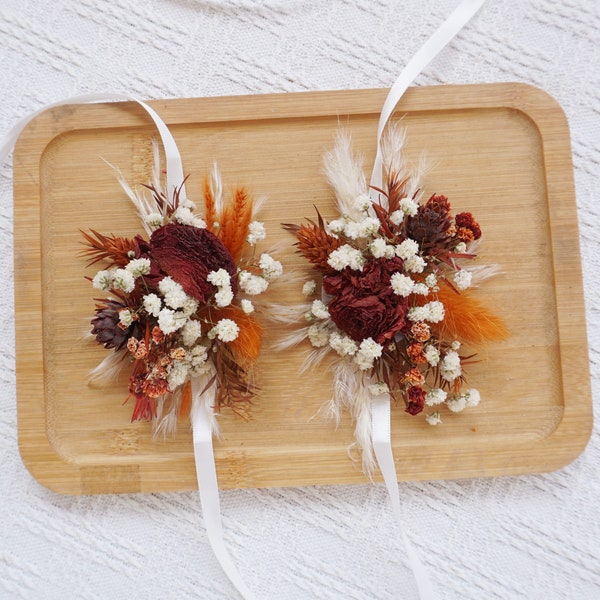 Burnt Orange+Terracotta+Cream Baby Breathing Wrist Flower, Bride Corsage, Wedding Decoration