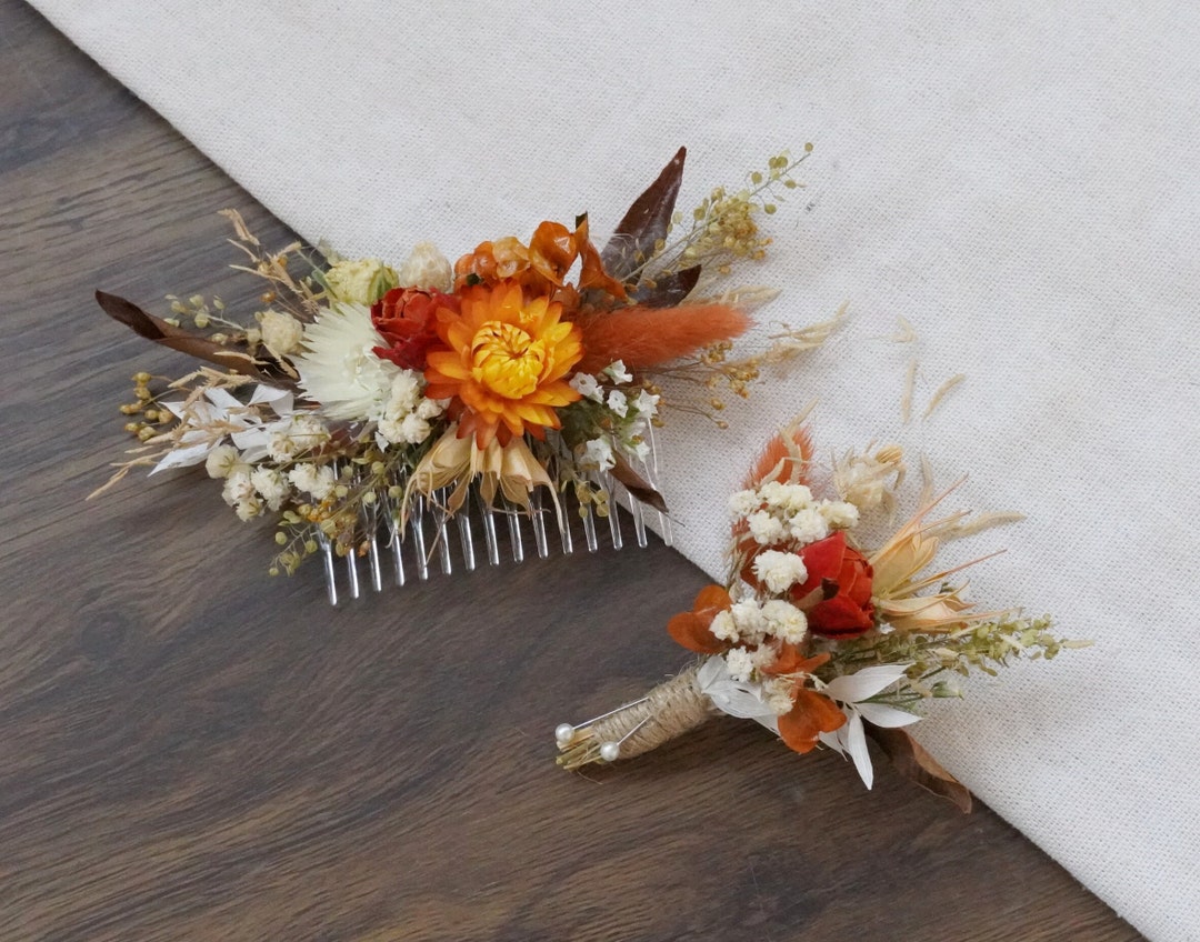 Burn Orange Themed Dry Flower Comb, Bride's Comb, Bohemian Baby ...