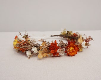 Wedding orange dry wreath, bridesmaid flower gift, rustic boho wreath, girl child crown, bridal hair accessory, engagement crown