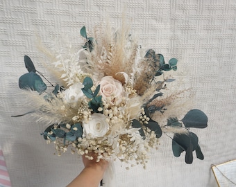 Eucalyptus leaf bride bouquet, pampas grass bohemian wedding bouquet, preserved rose bride, wedding decoration