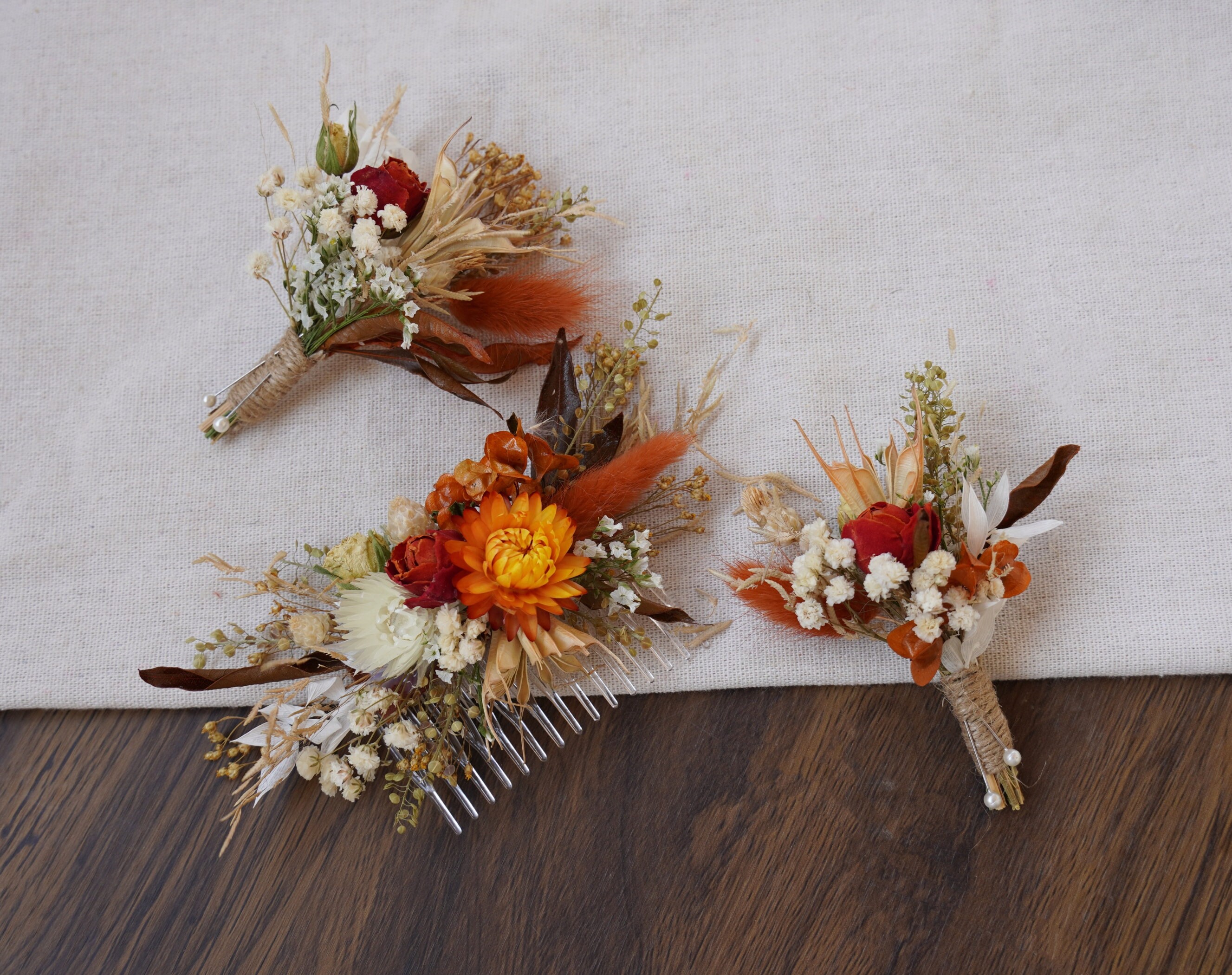 Burn Orange Themed Dry Flower Comb, Bride's Comb, Bohemian Baby ...