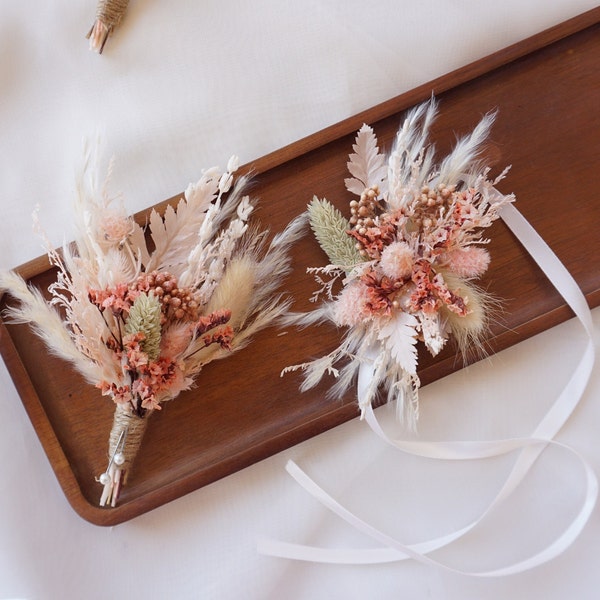 Peach Pink+Blush+Sage Green Dry Flower Corsage, Bohemian Wedding Boutonniere, Groom and Best Man Accessories