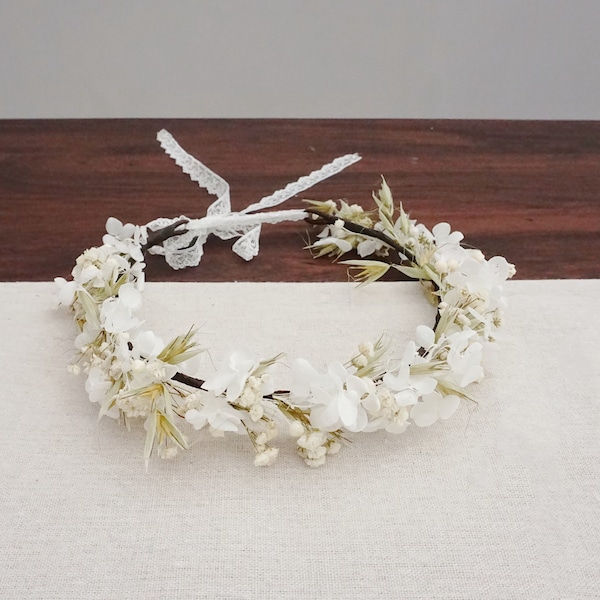 Dry baby's breath Bridal crown/Gypsy wreath of hair/dry oats/white hydrangea/bridesmaid headband/girl's headband
