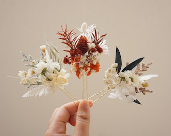 Burned Orange+Cream+White Wedding Dry Flower Hairpin, Baby Breathing Bridal Hairpin, Bridal Hairpin, Dry Flower Hairpin
