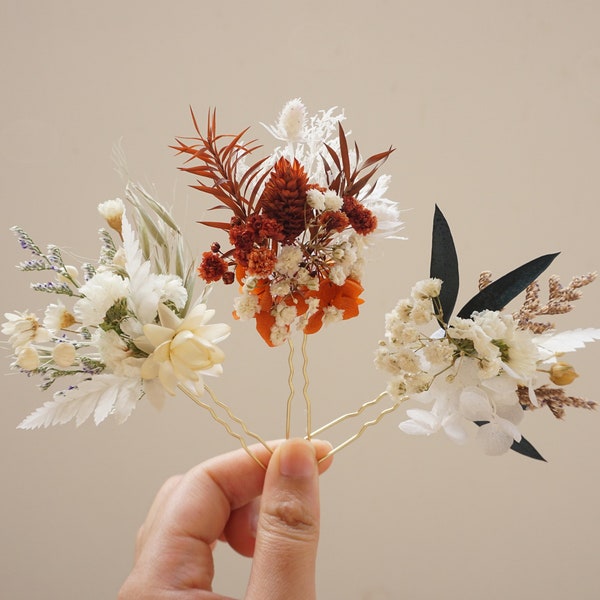 Burned Orange+Cream+White Wedding Dry Flower Hairpin, Baby Breathing Bridal Hairpin, Bridal Hairpin, Dry Flower Hairpin