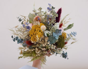 Burgundy Pampas Grass Dry Eucalyptus Leaves Bridal Bouquet, Daisy Oats Baby Breathing Mixed Wild Flower Wedding Bouquet