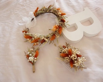 Dried Flower Crown Halo Wreath - Dried Naturals - Burnt Orange & Orange - Baby&#39;s Breath - Bridal - Wedding Flower Girl - Boho - Preserved