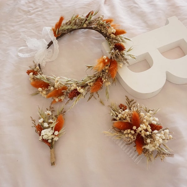 Dried Flower Crown Halo Wreath - Dried Naturals - Burnt Orange & Orange - Baby's Breath - Bridal - Wedding Flower Girl - Boho - Preserved