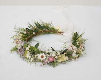Green Forest themed Grass Wedding Dried Flower Crown, Daisy Baby Breathing Crown, Bohemian Bride Crown, Children's Crown
