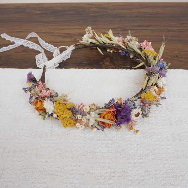 Dry wild flower corolla, burnt orange rose+daisy+star flower+lavender crown, rural wedding headdress, girl corolla