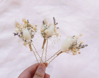 Pinza para el cabello de niña con flores secas en tono neutro y crema, pinza para el cabello de novia de boda BOHO, pinza para el cabello con flores secas que respira el bebé, accesorio para el cabello de hada