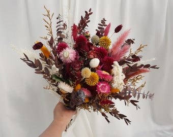 Ramo de novia bohemio, ramo de novia con flores secas de hierba, ramo de novia burdeos, óxido y amarillo, flores secas de hojas de eucalipto
