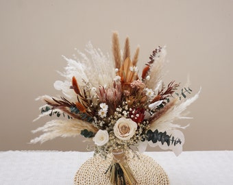 BOHO  wedding bouquet~eucalyptus~burnt orange~rust~TerraCotta~palm leaves~neutral~rose Pampas grass bride