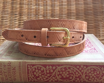 Hand Tooled Skinny Leather Belt, 3/4” (19mm) wide