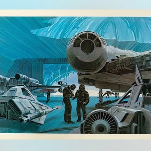 May include: A science fiction illustration depicting a large spaceship, smaller spacecraft, and figures within a hangar. The scene is set in a blue environment, with the Millennium Falcon as a focal point. The artwork has a vintage style, reminiscent of classic sci-fi.