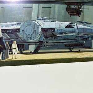 Oryginalny wydruk Vintage MINT z 1977 roku, obraz z Gwiezdnych Wojen autorstwa Ralpha McQuarrie. Sokół Millennium, Mos Eisley. Koncepcja artystyczna. Luke, solo, do żucia.
