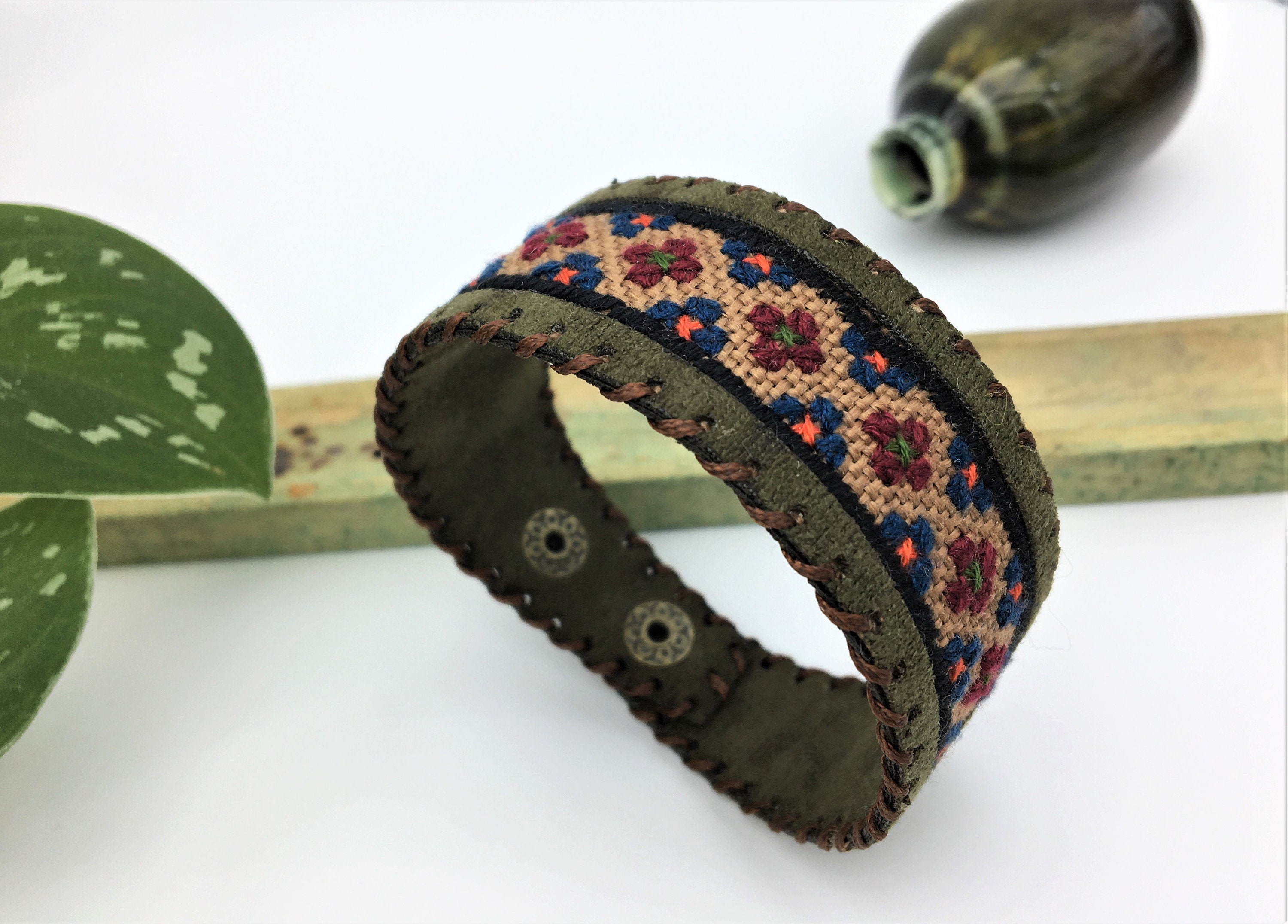 Embroidered faux leather bracelet hand embroidery bracelet Etsy