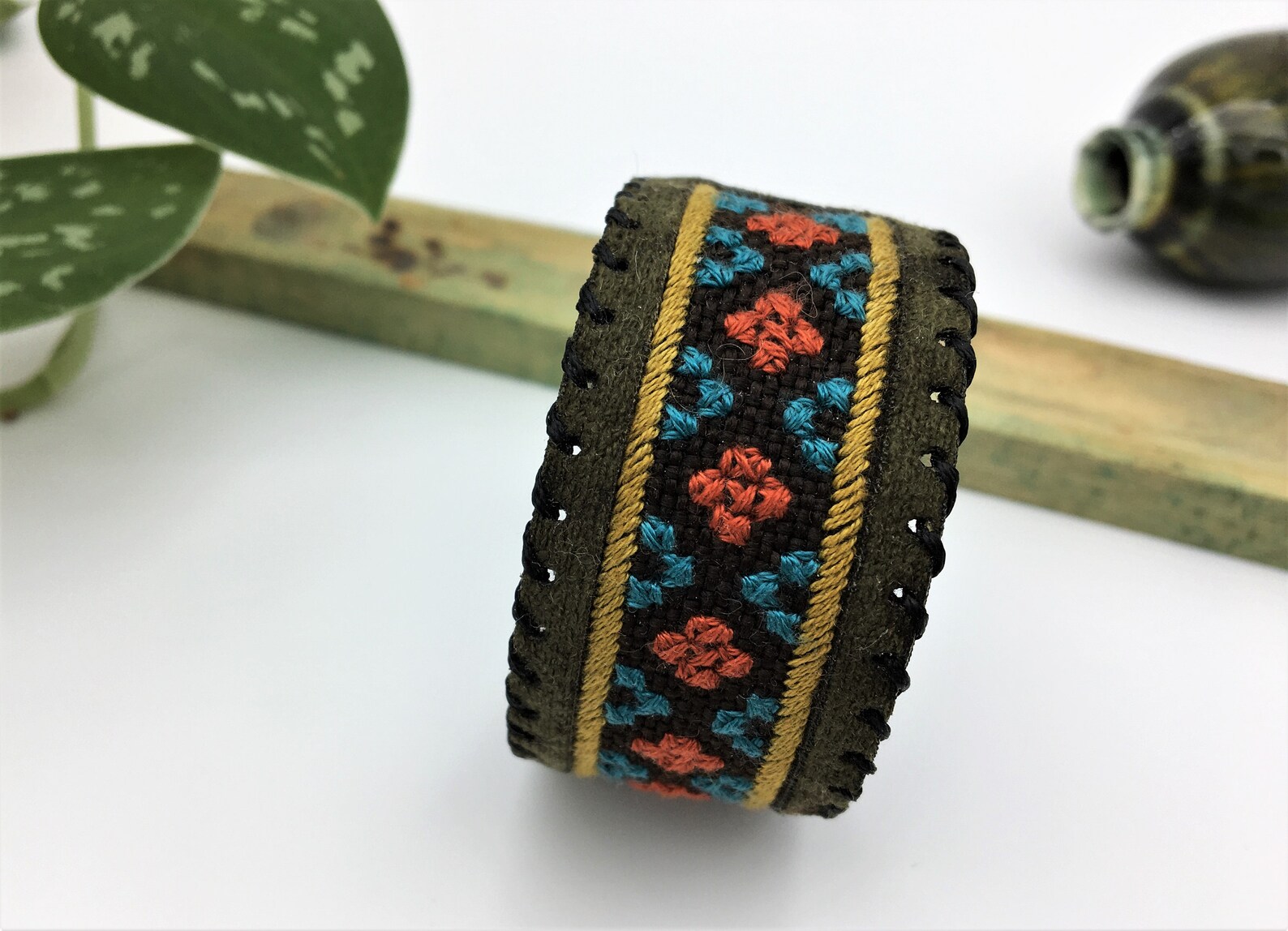 Embroidered Faux Leather Bracelet Hand Embroidery Bracelet Etsy UK