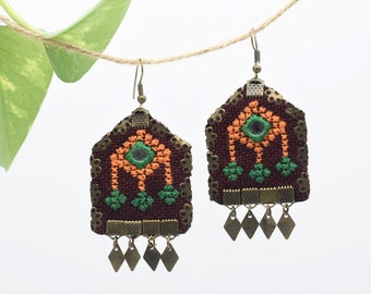 Hand-embroidered Oriental Earrings • Embroidered Boho Jewelry • Lightweight Fabric Drop Earrings • Ethnic Festival Statement • Unique Berlin Piece