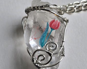 Hand-Painted Tulip Quartz Necklace: Wire-Wrapped Crystal Pendant Mother's Day Gift