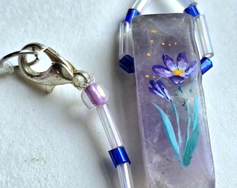 Hand-Painted Purple Crocus on Amethyst Beaded Necklace