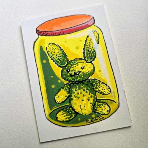 Pickle Bunny ACEO, Original Kawaii Jar Art, Quirky Mini Painting (3.5x2.5 inches)