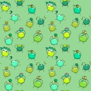 May include: A repeating pattern of whimsical, cartoonish characters in shades of green, yellow, and teal on a light green background. The characters have various head adornments, including fish, leaves, and flowers, and are depicted with simple line art.