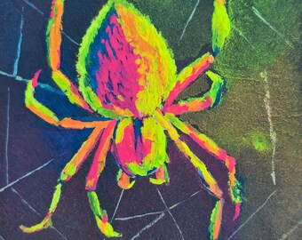 ACEO Gouache Artist Trading Card Neon Colorful Spider original painting