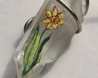 Hand-Painted Daffodil Quartz Necklace: Wire-Wrapped Floral Crystal Pendant Gift for Her