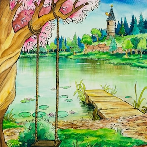 Peut inclure: Une illustration à l'aquarelle d'un paysage serein avec un grand arbre aux fleurs roses et une balançoire en corde au premier plan. Un ponton en bois s'étend sur un lac vert calme, avec une tour en pierre visible sur une colline lointaine.