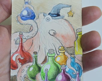 ACEO Watercolor Artist Trading Card Octopus Potions Fantasy Collectible ACEO Miniature Painting