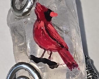 Hand-Painted Cardinal Quartz Necklace: Wire-Wrapped Crystal Pendant, Cottagecore Jewelry