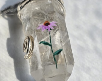 Hand-Painted Tulip Quartz Necklace: Wire-Wrapped Crystal Pendant Mother's Day Gift