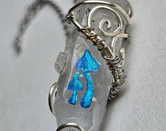 Hand-Painted Blue Mushroom Quartz Necklace: Wire-Wrapped Witchy Crystal Pendant