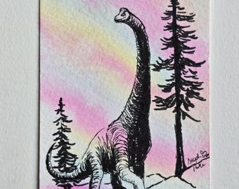 ACEO Watercolor and Ink Artist Trading Card Rainbow Brachiosaurus Dinosaur Collectible ACEO Miniature Painting