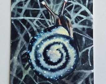 ACEO Watercolor Artist Trading Card Galaxy Snail Whimsical Animal Collectable ACEO Miniature Painting