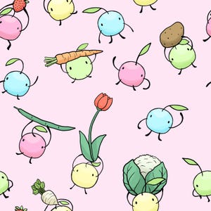 May include: A repeating pattern on a pink background features cartoon-style vegetables and fruits with smiling faces and tiny legs. The design includes a carrot, potato, tulip, and cauliflower. The characters are in various colors.