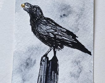ACEO Watercolor Artist Trading Card Crow Holding a Shiny Collectable Art