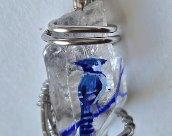 Hand-Painted Bluejay Quartz Necklace: Wire-Wrapped Crystal Pendant, Cottagecore Jewelry