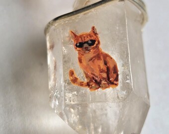 Hand-Painted Orange Cat with Sunglasses Quartz Necklace: Wire-Wrapped Crystal Pendant Gift for Cat Lovers